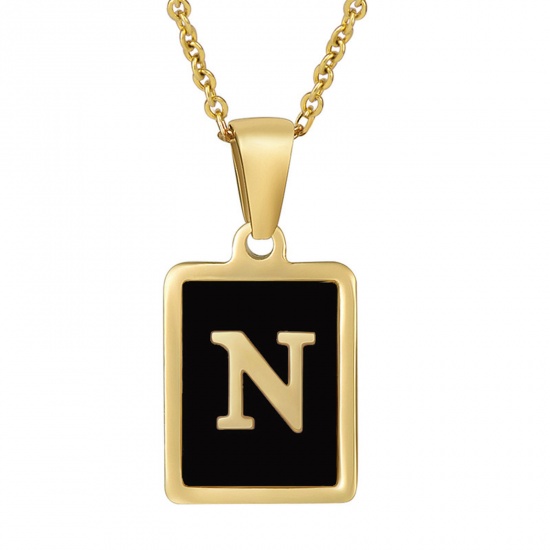 Picture of 304 Stainless Steel & Shell Ins Style Link Cable Chain Necklace 18K Gold Color Black Rectangle Initial Alphabet/ Capital Letter Message " N " 45cm(17 6/8") long, 1 Piece