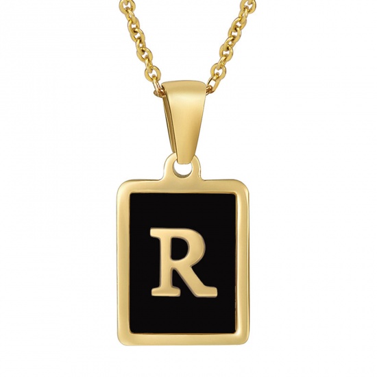 Picture of 304 Stainless Steel & Shell Ins Style Link Cable Chain Necklace 18K Gold Color Black Rectangle Initial Alphabet/ Capital Letter Message " R " 45cm(17 6/8") long, 1 Piece