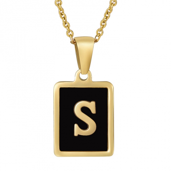 Picture of 304 Stainless Steel & Shell Ins Style Link Cable Chain Necklace 18K Gold Color Black Rectangle Initial Alphabet/ Capital Letter Message " S " 45cm(17 6/8") long, 1 Piece