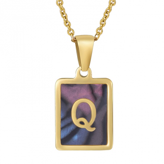 Picture of 304 Stainless Steel & Shell Ins Style Link Cable Chain Necklace 18K Gold Color Multicolor Rectangle Initial Alphabet/ Capital Letter Message " Q " 45cm(17 6/8") long, 1 Piece