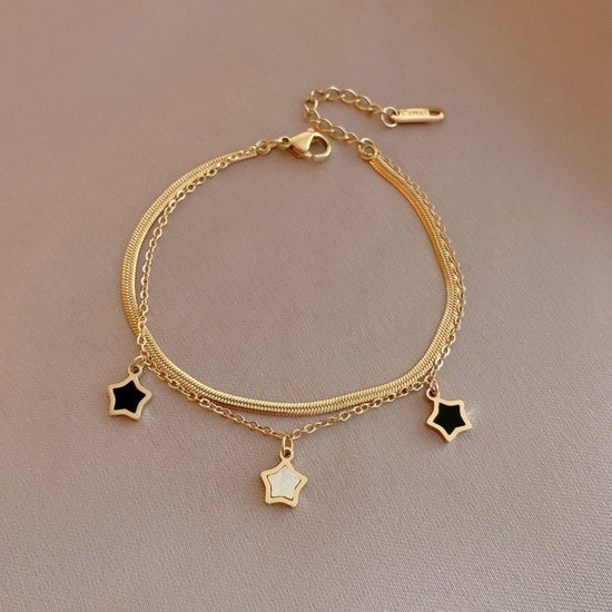 Picture of Titanium Steel Ins Style Multilayer Layered Bracelet 14K Gold Plated Black & White Pentagram Star Imitation Shell 16cm(6 2/8") long, 1 Piece