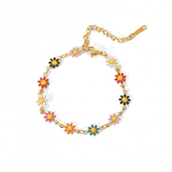 Picture of 304 Stainless Steel Ins Style Bracelets 18K Real Gold Plated Multicolor Daisy Flower Enamel 17cm(6 6/8") long, 1 Piece