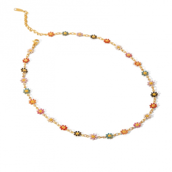 Picture of 304 Stainless Steel Ins Style Necklace 18K Real Gold Plated Multicolor Daisy Flower Enamel 40cm(15 6/8") long, 1 Piece