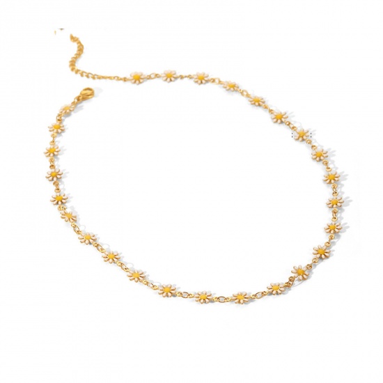 Picture of 304 Stainless Steel Ins Style Necklace 18K Real Gold Plated White Daisy Flower Enamel 40cm(15 6/8") long, 1 Piece