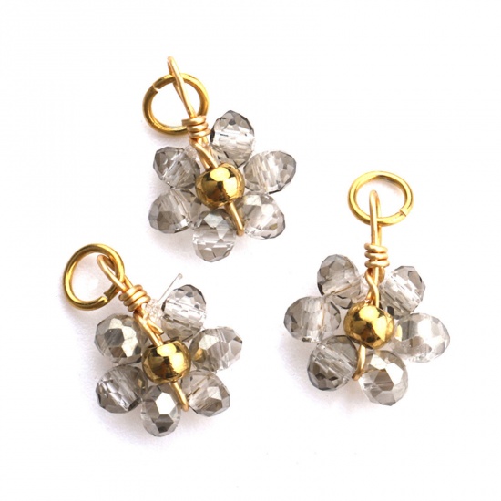 Picture of 304 Stainless Steel & Glass Handmade Charms Gold Plated Silver-gray Flower 10mm Dia., 3 PCs
