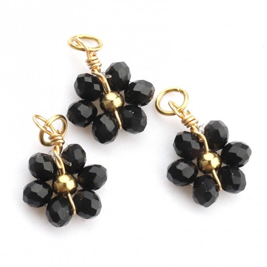Picture of 304 Stainless Steel & Glass Handmade Charms Gold Plated Black Flower 10mm Dia., 3 PCs