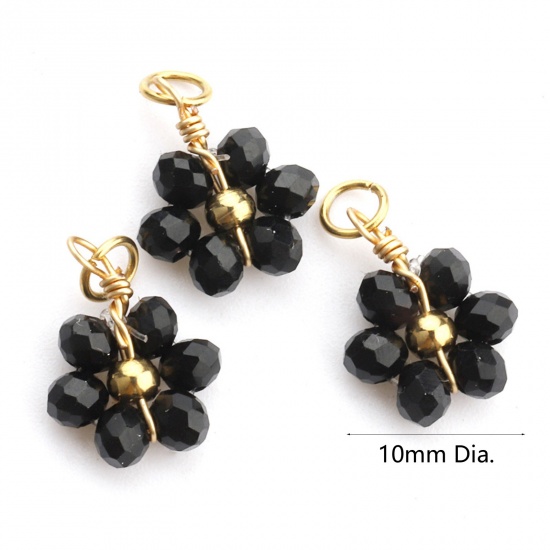 Picture of 304 Stainless Steel & Glass Handmade Charms Gold Plated Black Flower 10mm Dia., 3 PCs