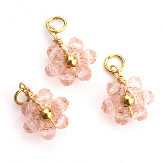 Picture of 304 Stainless Steel & Glass Handmade Charms Gold Plated Pink Flower 10mm Dia., 3 PCs