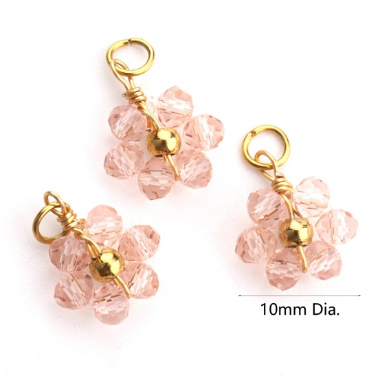 Picture of 304 Stainless Steel & Glass Handmade Charms Gold Plated Pink Flower 10mm Dia., 3 PCs