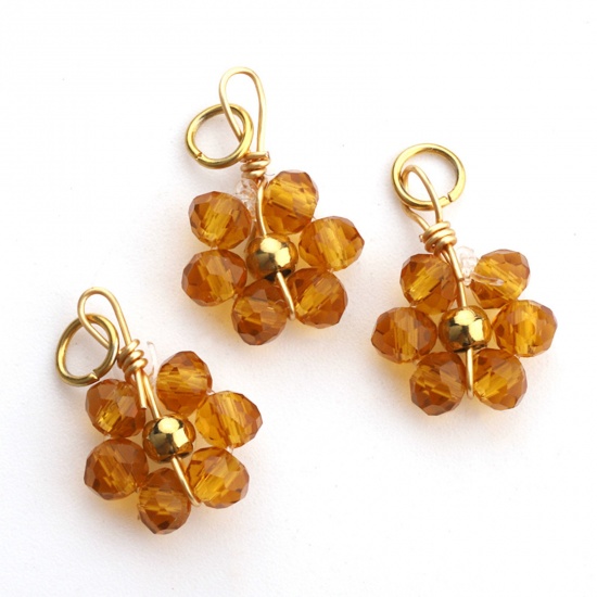 Picture of 304 Stainless Steel & Glass Handmade Charms Gold Plated Champagne Flower 10mm Dia., 3 PCs