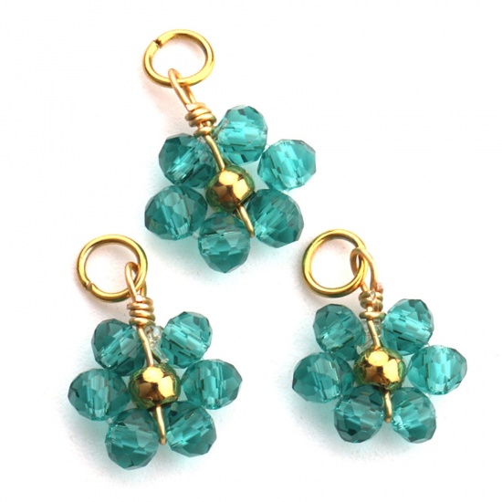 Picture of 304 Stainless Steel & Glass Handmade Charms Gold Plated Green Flower 10mm Dia., 3 PCs