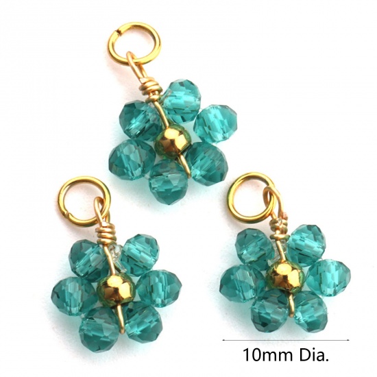 Picture of 304 Stainless Steel & Glass Handmade Charms Gold Plated Green Flower 10mm Dia., 3 PCs