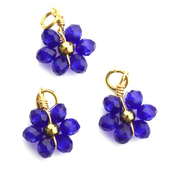 Picture of 304 Stainless Steel & Glass Handmade Charms Gold Plated Blue Flower 10mm Dia., 3 PCs