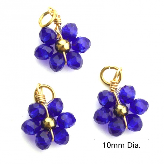 Picture of 304 Stainless Steel & Glass Handmade Charms Gold Plated Blue Flower 10mm Dia., 3 PCs