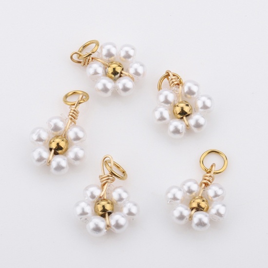 Picture of 304 Stainless Steel Handmade Charms Gold Plated White Flower Imitation Pearl 10mm Dia., 3 PCs