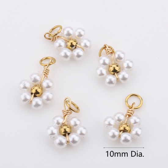 Picture of 304 Stainless Steel Handmade Charms Gold Plated White Flower Imitation Pearl 10mm Dia., 3 PCs