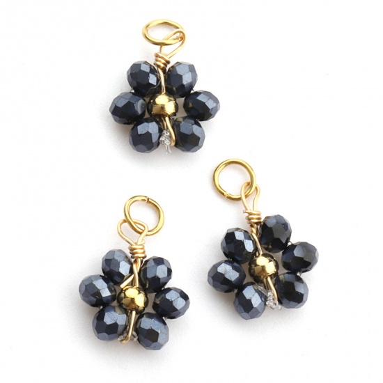 Picture of 304 Stainless Steel & Glass Handmade Charms Gold Plated Blue Flower 10mm Dia., 3 PCs