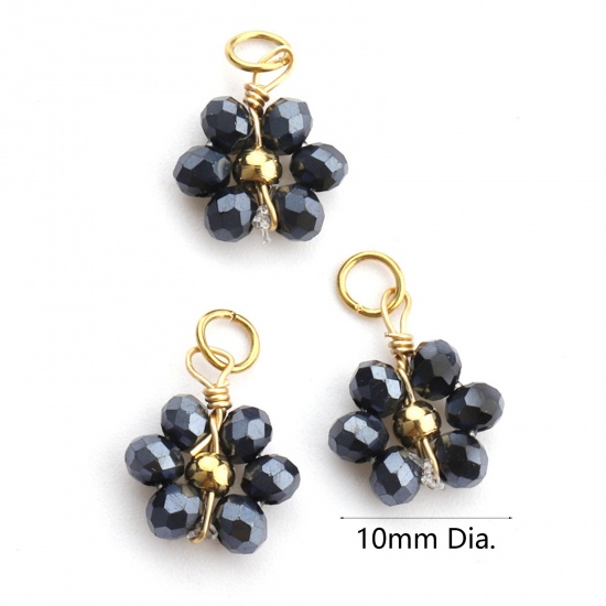 Picture of 304 Stainless Steel & Glass Handmade Charms Gold Plated Blue Flower 10mm Dia., 3 PCs