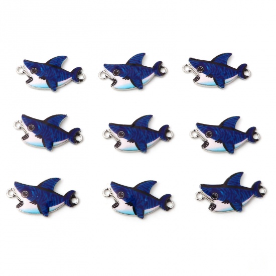 Bild von Zinklegierung Ozean Schmuck Verbinder Haifisch Silberfarbe Blau Emaille, 28mm x 16mm, 10 Stück