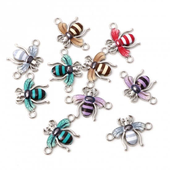 Picture of Zinc Based Alloy Insect Connectors Bee Animal Silver Tone At Random Color Mixed Enamel 23mm x 16mm, 10 PCs