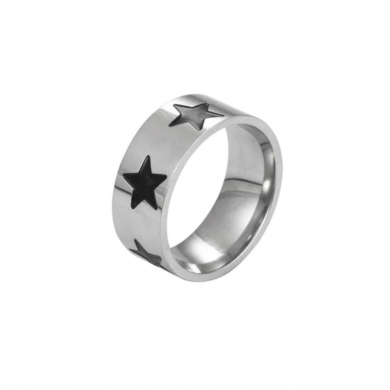 Imagen de Hip-Hop No Ajustable Anillos Tono de Plata Negro Esmalte Estrella 18mm (US Size 7.75), 1 Unidad