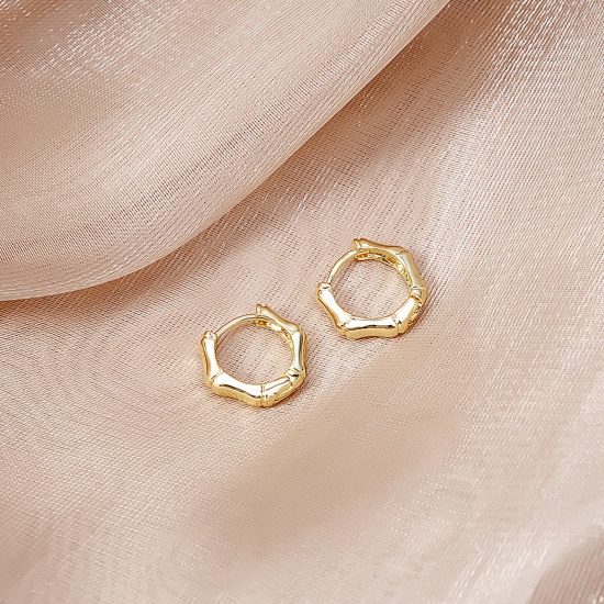 Picture of Brass Geometry Series Hoop Earrings Gold Plated Round Bamboo 16mm Dia., 1 Pair                                                                                                                                                                                