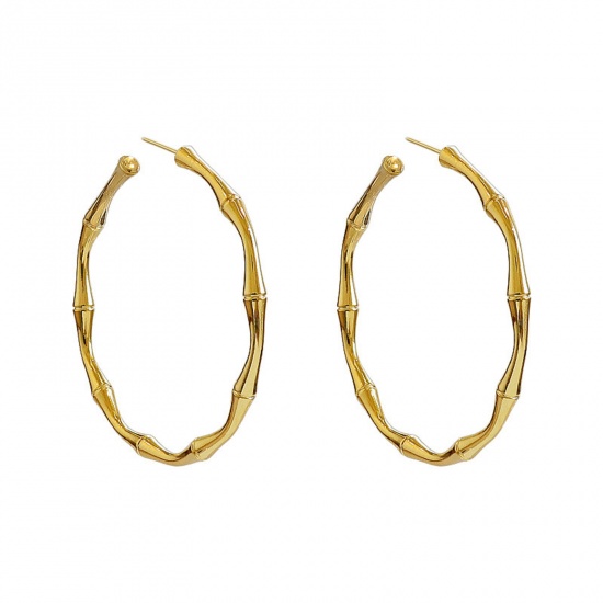 Picture of Brass Hoop Earrings Gold Plated C Shape Bamboo 3.5cm Dia., 1 Pair                                                                                                                                                                                             