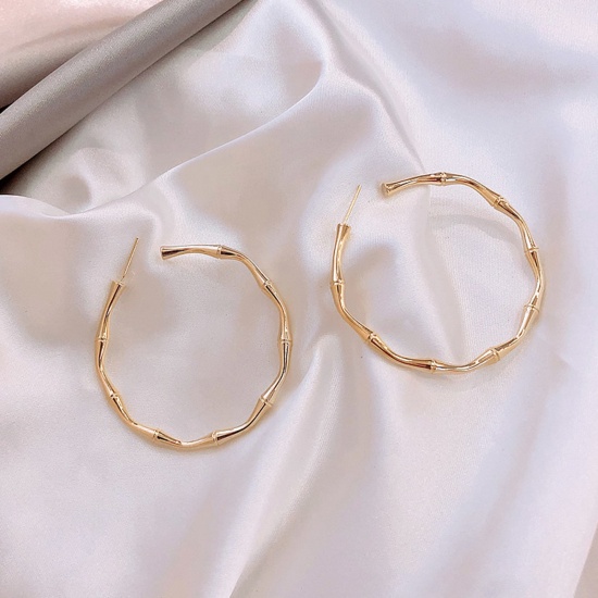 Picture of Brass Hoop Earrings Gold Plated C Shape Bamboo 3.5cm Dia., 1 Pair                                                                                                                                                                                             