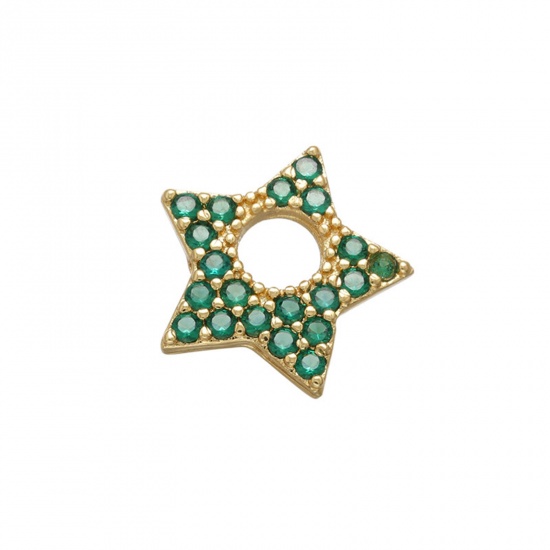 Picture of Brass Galaxy Charms Gold Plated Pentagram Star Micro Pave Green Cubic Zirconia 13mm x 12mm, 1 Piece                                                                                                                                                           