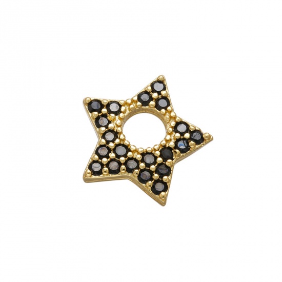 Picture of Brass Galaxy Charms Gold Plated Pentagram Star Micro Pave Black Cubic Zirconia 13mm x 12mm, 1 Piece                                                                                                                                                           