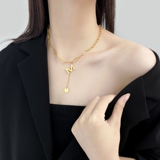 Bild von Titan Edelstahl Ins Stil Gliederkette Kette Halskette Vergoldet Schmetterling Anfangsbuchstabe/ Großbuchstabe Message " M " 45cm lang, 1 Strang