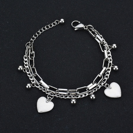Picture of Wholesale Tassel Heart 304 Stainless Steel Link Chain Multilayer Layered Necklace, Silver Tone Women's Stylish Gift Jewelry Supply, 16.5cm(6 4/8") long, 1 Piece