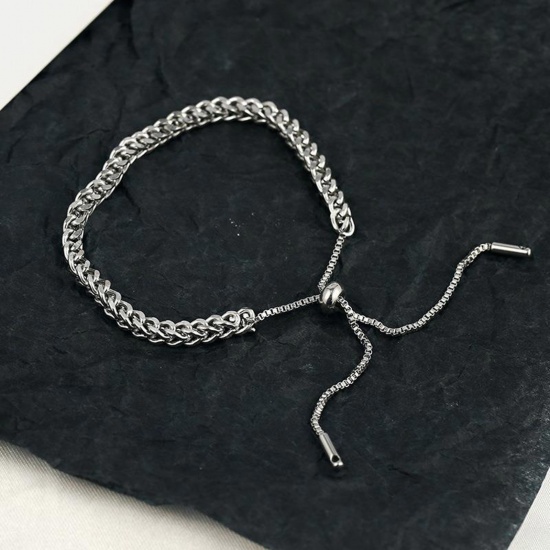 Image de Bracelet Bolo Réglable Nœud Glissé Chaîne Foxtail Élégant en 304 Acier Inoxydable Argent Mat 27cm long, 1 Pièce