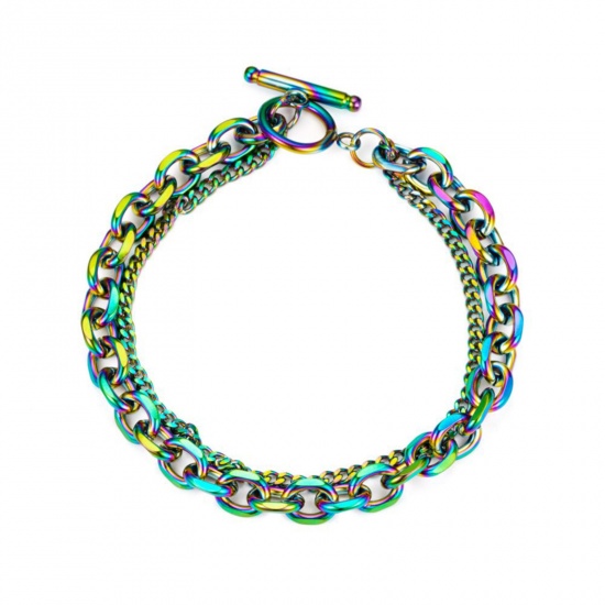 Picture of 1 Piece 304 Stainless Steel Stylish Link Chain Multilayer Layered Bracelet Rainbow Color Plated 21cm(8.3") long