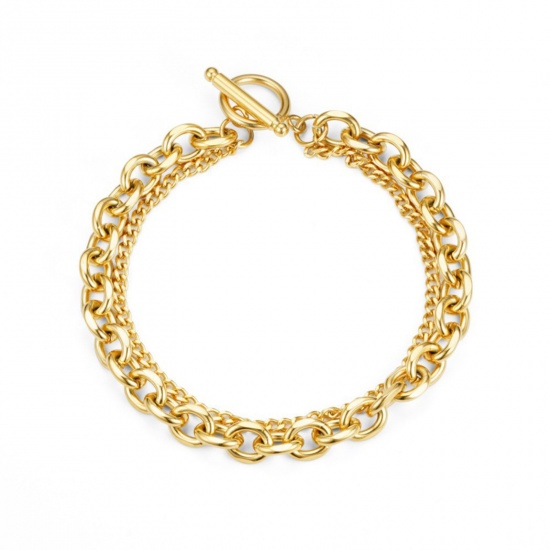 Picture of 1 Piece 304 Stainless Steel Stylish Link Chain Multilayer Layered Bracelet Gold Plated 21cm(8.3") long