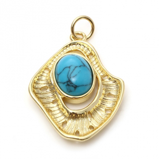 Imagen de Latón Colgantes Charms Irregular 18K Oro Real Chapado Azul Imitación de turquesa 28mm x 18mm, 1 Unidad