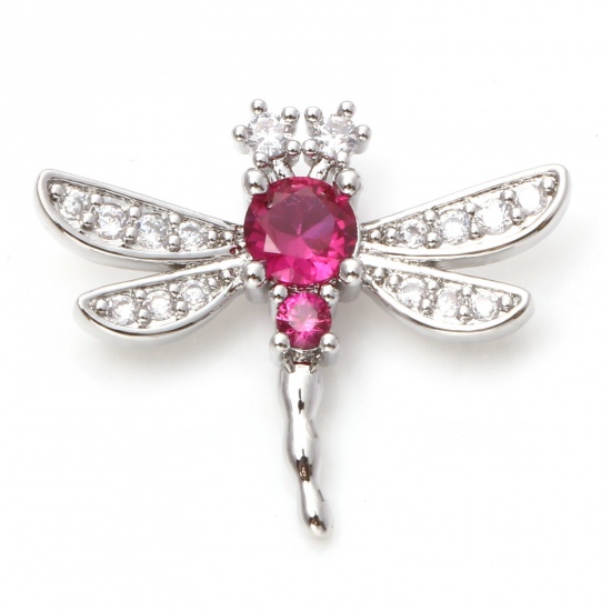 Imagen de Latón Micro Pave Colgantes Charms Libélula Platino Real Chapado Claro & Rojo Circón Artificial 24mm x 20mm, 1 Unidad
