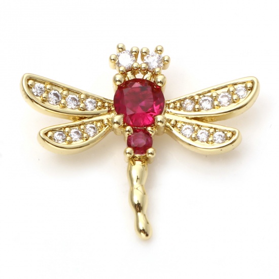 Imagen de Latón Micro Pave Colgantes Charms Libélula 18K Oro Real Chapado Claro & Rojo Circón Artificial 24mm x 20mm, 1 Unidad
