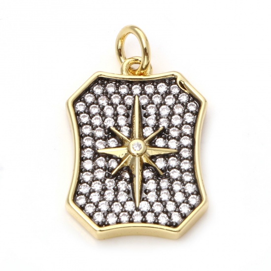 Immagine di Ottone Micro Intarsio Charms Ottagono 18K Vero Oro Placcato Nero Doppio Colore Stella Trasparente Cubic Zirconiae 22mm x 14mm, 1 Pz