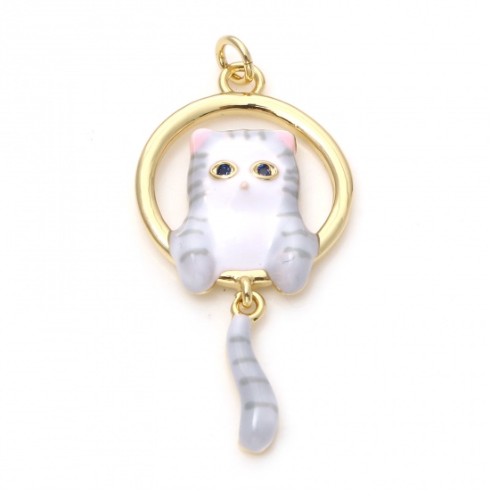 Image de Pendentifs en Laiton Chat Plaqué Or Véritable 18K Gris Émail à Strass Noir 3.3cm x 1.6cm, 1 Pièce