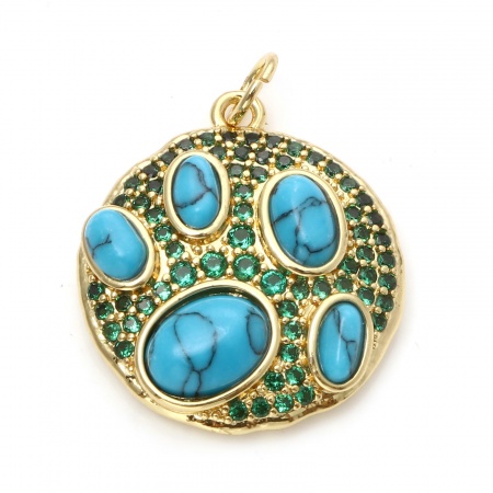 Messing Böhmischer Stil Charms 18K Echtgold plattiert Blau Rund Imitat Howlith Grün Zirkonia 25mm x 20mm, 1 Stück