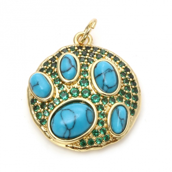 Image de Breloques Style Bohème en Laiton Rond Plaqué Or Véritable 18K Bleu Imitation Turquoise à Zircone Cubique Vert 25mm x 20mm, 1 Pièce