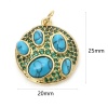 Bild von Messing Böhmischer Stil Charms 18K Echtgold plattiert Blau Rund Imitat Howlith Grün Zirkonia 25mm x 20mm, 1 Stück
