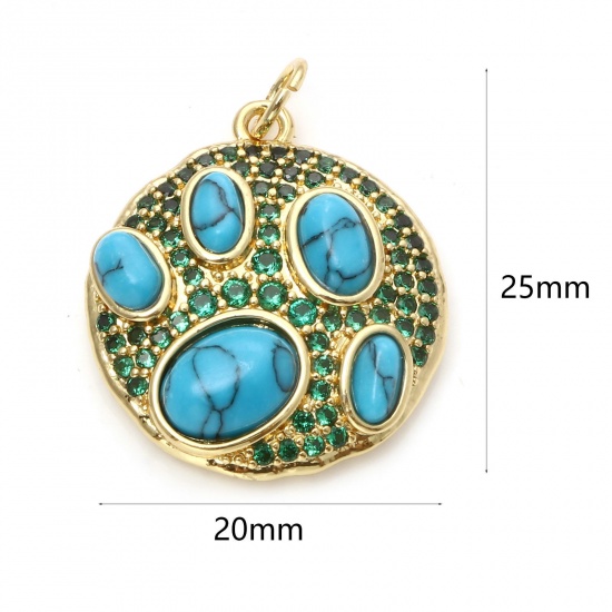 Image de Breloques Style Bohème en Laiton Rond Plaqué Or Véritable 18K Bleu Imitation Turquoise à Zircone Cubique Vert 25mm x 20mm, 1 Pièce