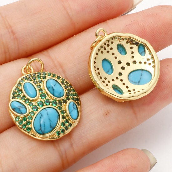 Image de Breloques Style Bohème en Laiton Rond Plaqué Or Véritable 18K Bleu Imitation Turquoise à Zircone Cubique Vert 25mm x 20mm, 1 Pièce