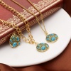 Bild von Messing Böhmischer Stil Charms 18K Echtgold plattiert Blau Rund Imitat Howlith Grün Zirkonia 25mm x 20mm, 1 Stück