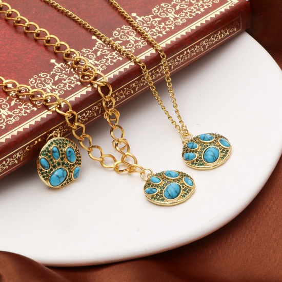 Image de Breloques Style Bohème en Laiton Rond Plaqué Or Véritable 18K Bleu Imitation Turquoise à Zircone Cubique Vert 25mm x 20mm, 1 Pièce