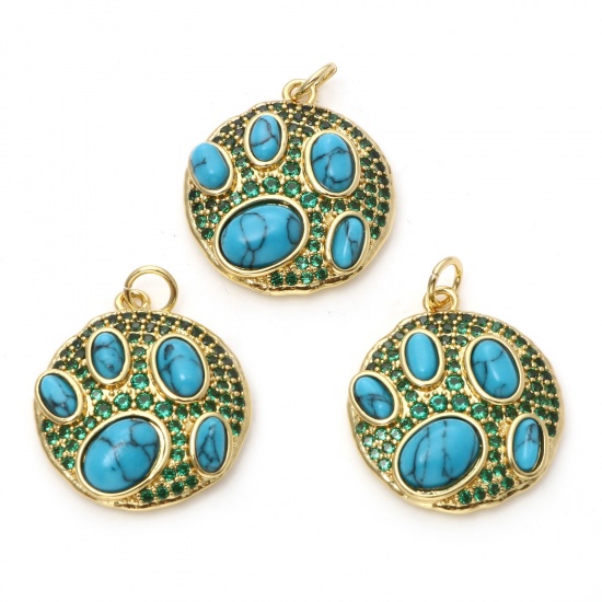 Image de Breloques Style Bohème en Laiton Rond Plaqué Or Véritable 18K Bleu Imitation Turquoise à Zircone Cubique Vert 25mm x 20mm, 1 Pièce