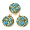 Bild von Messing Böhmischer Stil Charms 18K Echtgold plattiert Blau Rund Imitat Howlith Grün Zirkonia 25mm x 20mm, 1 Stück