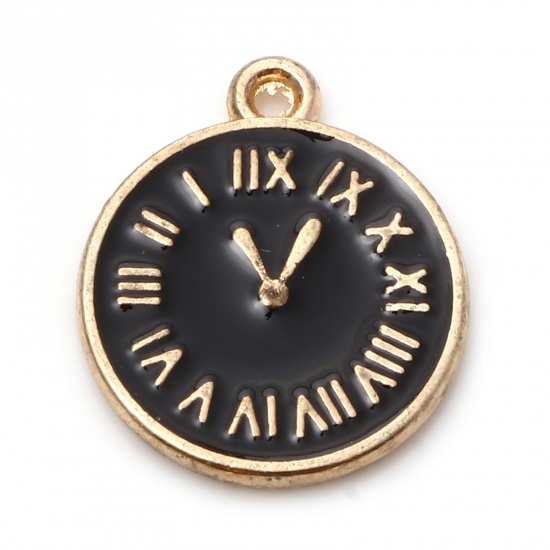 Picture of Zinc Based Alloy Charms Gold Plated Black Round Clock Double Sided Enamel 17mm x 14mm, 10 PCs